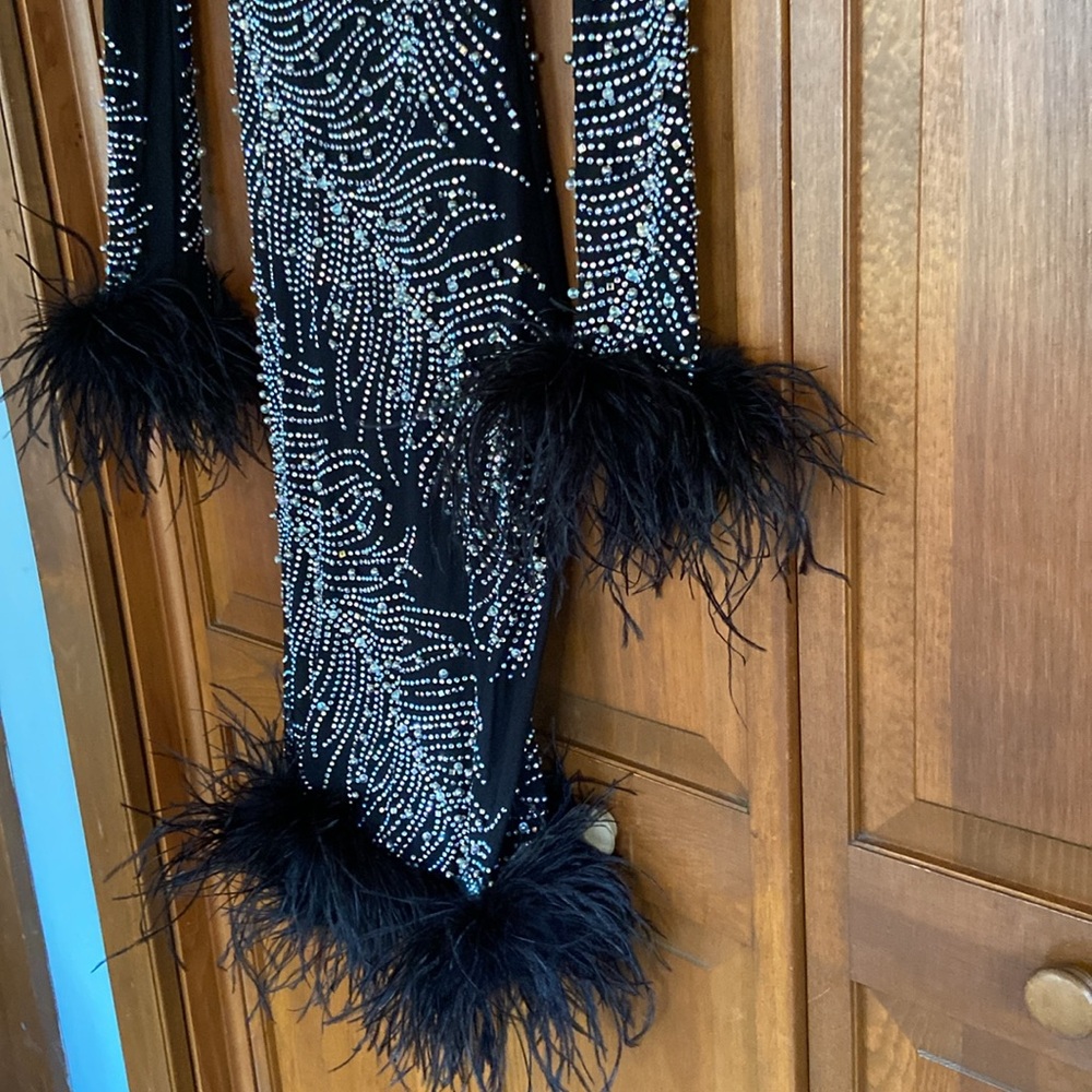 🔥 GORGEOUS BEADED SHEER BLACK LONG SLEEVE DRESS W/BLACK FEATHER TRIM~SM - Picture 14 of 17